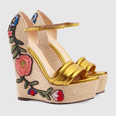 gucci women's metallic leather espadrille sandals|Gucci leather platform espadrille.